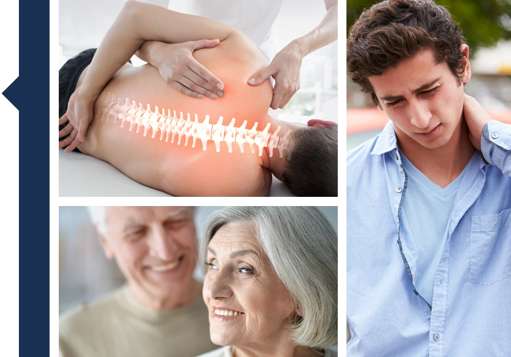 Collage showing spinal treatment, neck discomfort, and wellness-focused imagery for chiropractic care.