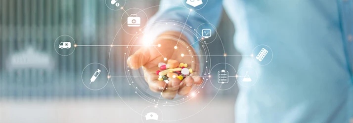 Hand offering assorted supplements with medical icons, highlighting Four Winds Chiropractic’s holistic wellness approach.